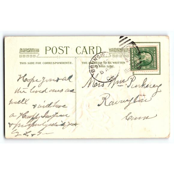 Vintage 1907-1915 Divided Back New Year Postcard with Roses & Snowy Cottage - Picture 2 of 2